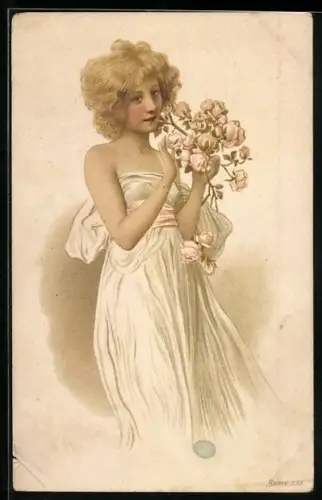 Lithographie Blonde Maid mit Rosen