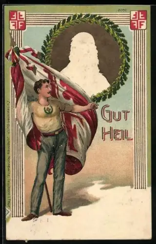 Lithographie Portrait vom Turnvater Jahn im Eichenkranz, Mann mit riesiger Fahne