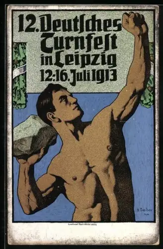 Künstler-AK Leipzig, 12. Deutsches Turnfest 1913, Sportler wirft einen Stein