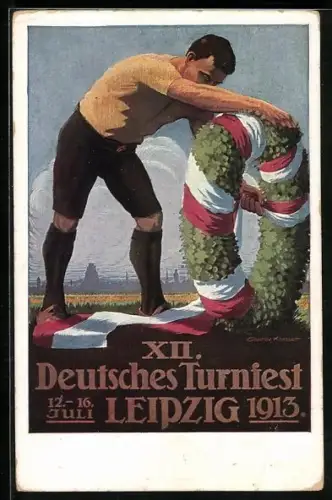 AK Leipzig, XII. Deutsches Turnfest 1913, Turner mit einem Siegerkranz