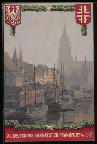 Künstler-AK Frankfurt a. M., XI. Deutsches Turnfest 1908, Schiffe am Kai