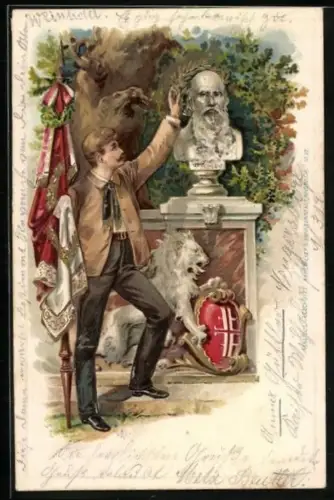 AK Deutscher Turnerbund, Büste von Turnvater Jahn, Turnerkreuz und Flagge