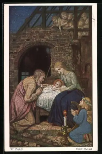 Künstler-AK Matthäus Schiestl: Christi Geburt, Engel musizieren beim Stall mit der Krippe