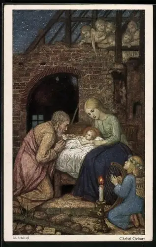 Künstler-AK Matthäus Schiestl: Christi Geburt, Engel musizieren beim Stall mit der Krippe