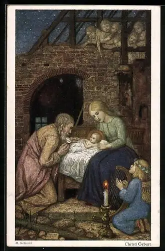Künstler-AK Matthäus Schiestl: Christi Geburt, Engel musizieren beim Stall mit der Krippe