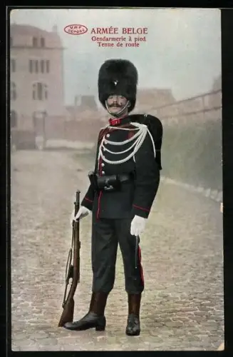 AK Gendarmerie a pied, Tenue de route, belgischer Soldat in Uniform mit Pelzmütze und Gewehr