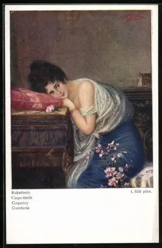 Künstler-AK Josef Süss: Schönheit lehnt sich auf den Tisch