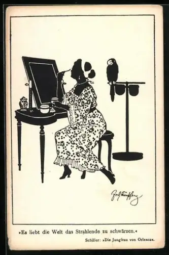 Künstler-AK Fritz Schönpflug: Schattenbild, Frau mit Vogel vor dem Schminkspiegel, das Strahlende schwärzen