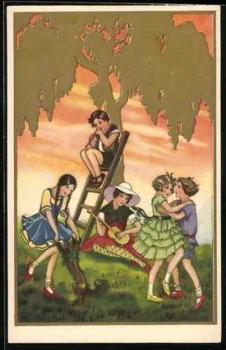 AK Art Deco, junge Mädchen musizieren und tanzen unter einem Baum mit Hund
