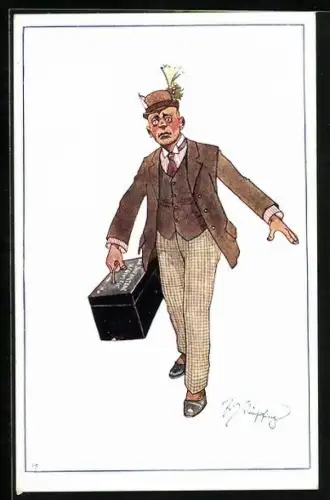 Künstler-AK Fritz Schönpflug: Herr im Anzug mit einem Koffer des K. u. k. Infanterie-Regiment