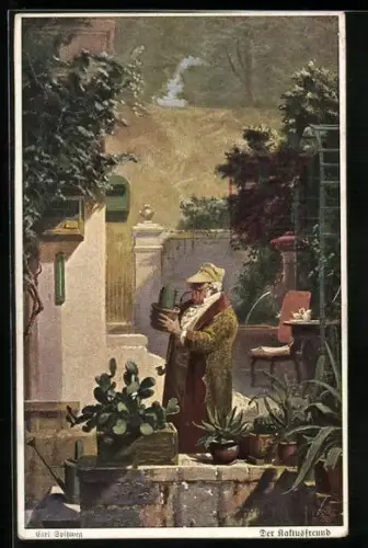 Künstler-AK Carl Spitzweg: Der Kaktusfreund, alter Mann inmitten seiner Kaktusblumentöpfe
