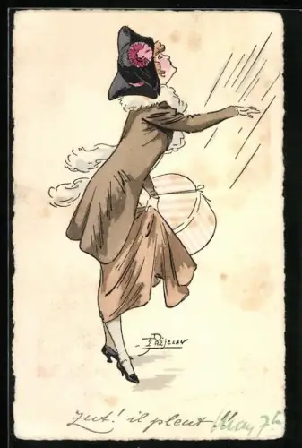 Künstler-AK sign. Prejelan: Dame mit Hutschachtel hält ihre Hand in den Regen