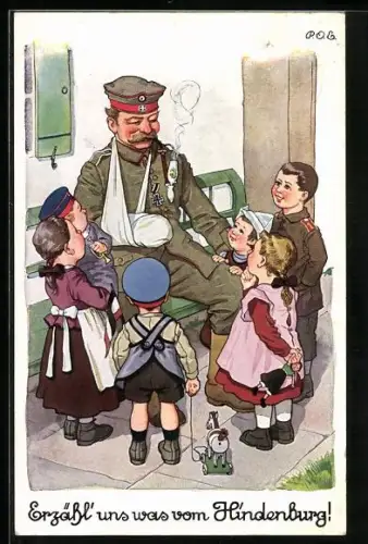 Künstler-AK P.O.Engelhard (P.O.E.): verwundeter Soldat erzählt den Kindern was von Hindenburg