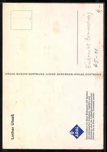 AK Aral-Sammelkarte, Fussballspieler Lothar Ulsass, Eintracht Braunschweig