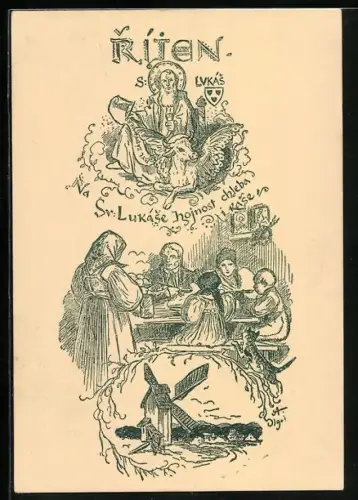 Künstler-AK sign. M. Ales: Familie sitzt bei einer Mahlzeit zusammen am Tisch, Windmühle in der Landschaft