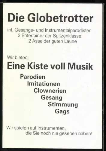 AK Musikergruppe Die Globetrotter mit ihren Instrumenten