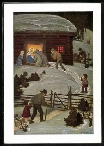 Künstler-AK Matthäus Schiestl: Winterliche Weihnacht, Menschen sammeln sich um das Christkind