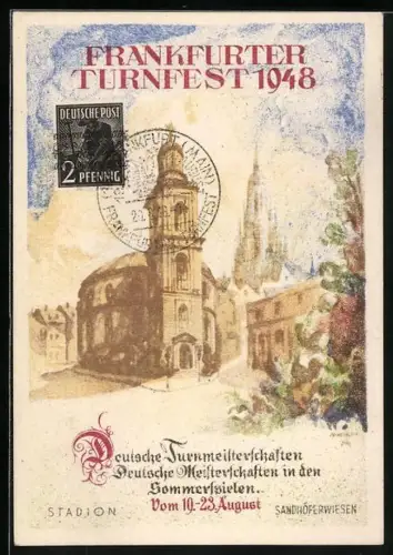 Künstler-AK Frankfurt, Turnfest 1948, Ortsansicht