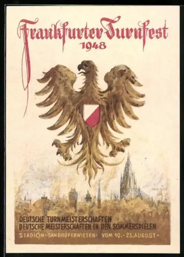 AK Frankfurt, Turnfest 1948, Stadtpanorama, Adler mit Wappen