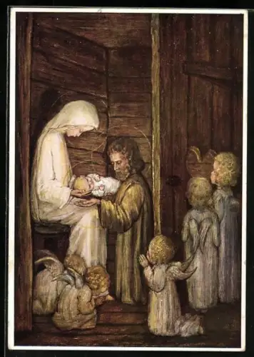 Künstler-AK Maria Spötl: Heilige Familie mit Engeln