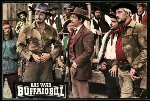 AK Filmszene aus Das war Buffalo Bill, Schauspieler Gordon Scott als Buffalo Bill mit Jan Hendriks