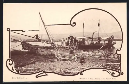 AK La Mer morte, Ortspartie mit Boot