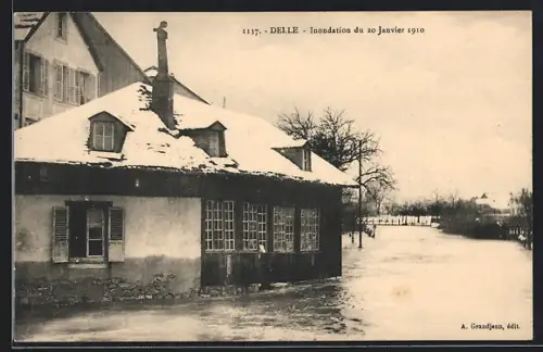 AK Delle, Inondation de 1910, Strassenpartie bei Hochwasser im Winter