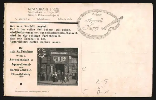 AK Wien, Restaurant Linde, Bes. Josef Lehner, Rotenturmstrasse 12, Ansichtskartengeschichte