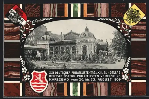 AK Karlsbad, XXI. Deutscher Philatelistentag 1909, Restaurant im Kurpark, Wappen