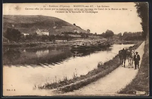 AK Mareuil-sur-Ay, Les Goisses, Binnenschiff wird den Fluss hochgetreidelt