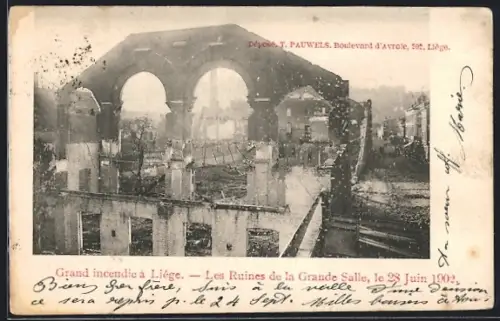 AK Liége, Grand incendie, Les Ruines de la Grande Salle, le 28 Juin 1902, Brand