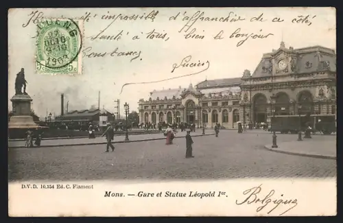 AK Mons, Gare et Statue Léopold Ier