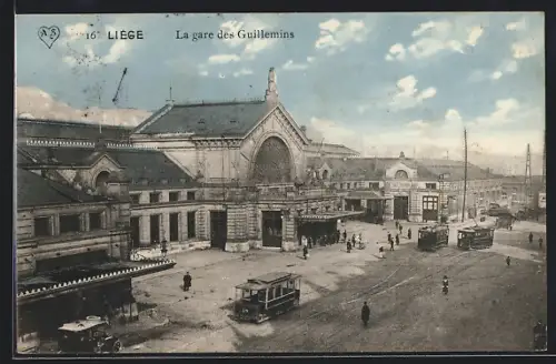 AK Liége, La gare des Guillemins, Strassenbahn