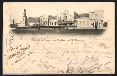 AK Louvain, Bahnhof und Denkmal von S. Vandemeyer