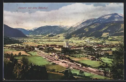AK Admont, Bahnhof und Teile des Ortes von weitem