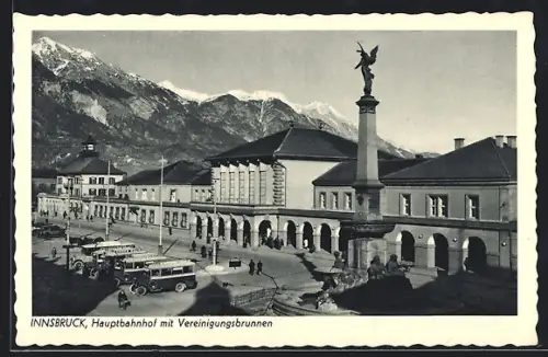 AK Innsbruck, Hauptbahnhof mit Vereinigungsbrunnen