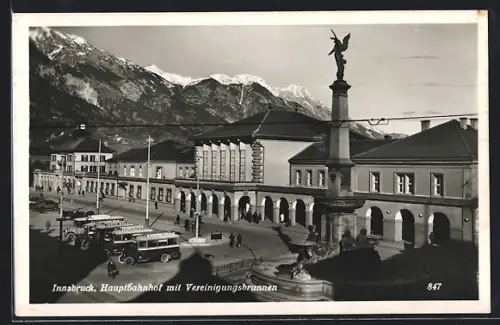 AK Innsbruck, Hauptbahnhof mit Vereinigungsbrunnen und Bussen