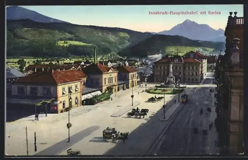 AK Innsbruck, Hauptbahnhof mit Serles, Pferdekutschen