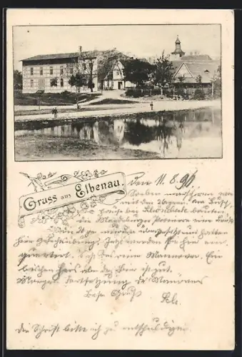 AK Elbenau, Gebäude am Wasser, Blick zum Kirchturm