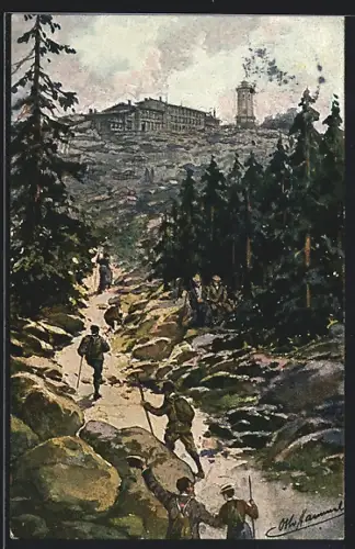 Künstler-AK Brocken, Brockenhotel und Aussichtsturm, Wanderer auf dem Aufstieg