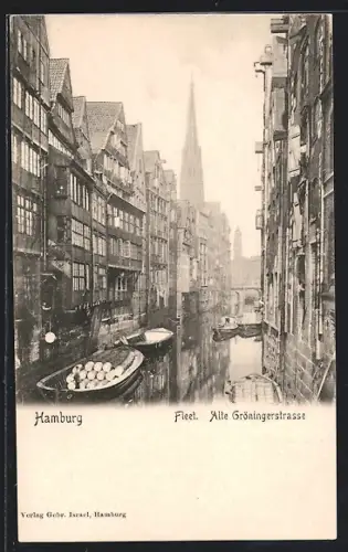 AK Alt-Hamburg, Fleet alte Gröningerstrasse mit Kirche und Booten
