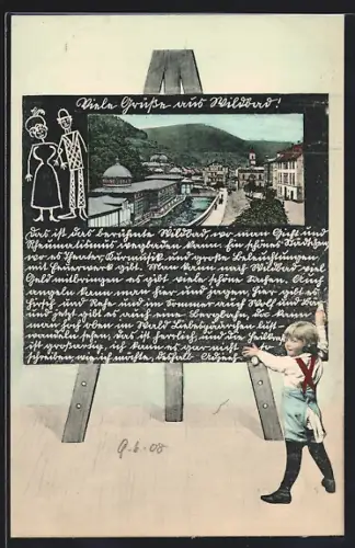 Schultafel-AK Bad Wildbad, Teilansicht mit Kuranlagen, Infotext auf Tafel