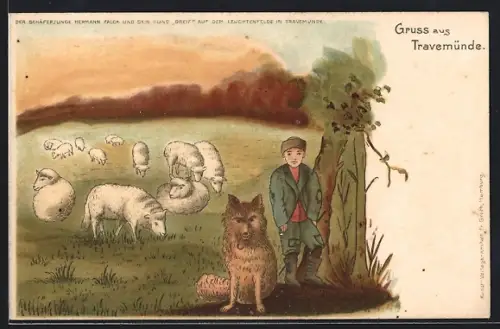 Lithographie Travemünde, Junge und Hund hüten Schafe