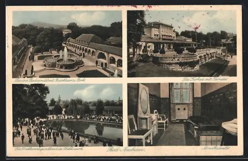 AK Bad Nauheim, Kurhaus mit Terrasse, Normalbadezelle, Drei Badesprudel mit Badehäusern u. Park, Trinkkuranlage