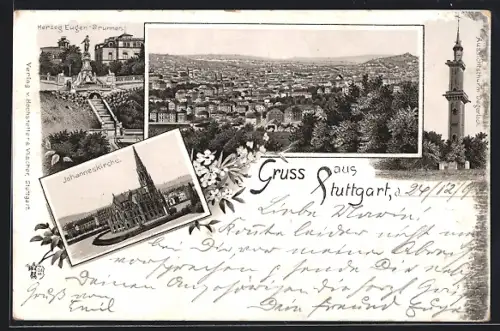 Lithographie Stuttgart, Johanneskirche, Herzog Eugen-Brunnen, Aussichtsturm Degerloch