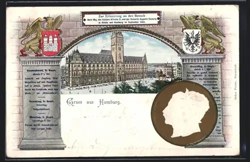 Künstler-AK Hamburg, Festpostkarte zum Besuch Kaiser Wilhelm II. 1904, Rathaus, Wappen