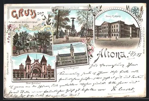Lithographie Hamburg-Altona, Neues Rathaus, Palmaille mit Blücherdenkmal, Siegesdenkmal