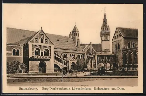 AK Braunschweig, Burg Dankwarderode, Löwendenkmal, Rathausturm und Dom
