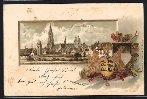 Passepartout-Lithographie Ulm / Donau, Panorama von Neu-Ulm, Wappen