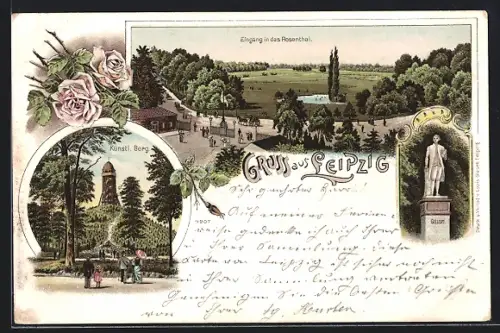 Lithographie Leipzig, Rosental, künstlicher Berg mit Turm, Gellert-Denkmal